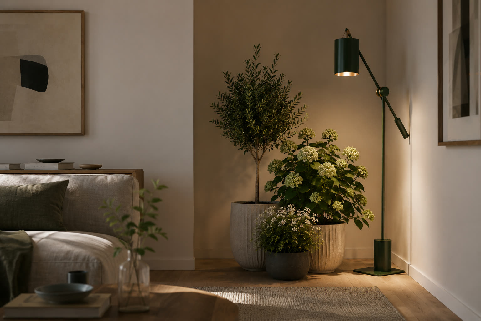 A flowering hydrangea and a small tree blooming indoors under Anthos