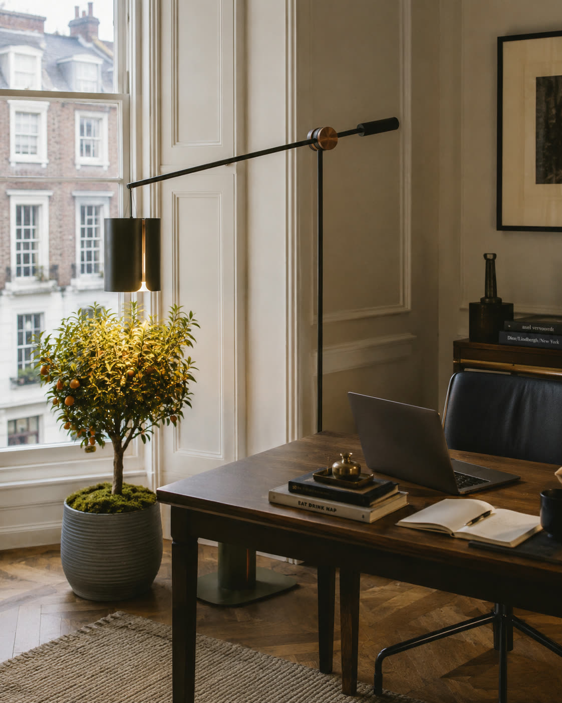 A citrus tree fruiting on a desk beside a window, lit by Anthos